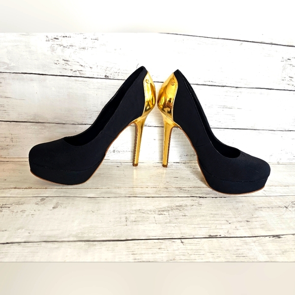 Colin Stuart Stunning Black & Gold High Heels Shoes Dressy Formal Size 8.5B - Picture 8 of 11